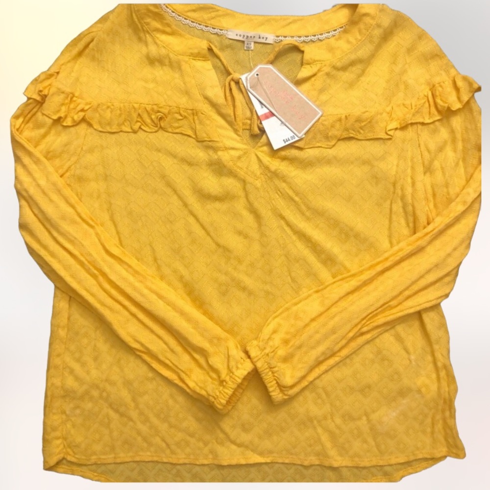NWT Copper Key YELLOW  Long Sleeve Ruffle Blouse Size XS